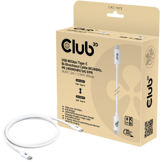 Club 3d gecertificeerde usb-c kabel (wit, 1,2 meter, 240 w)