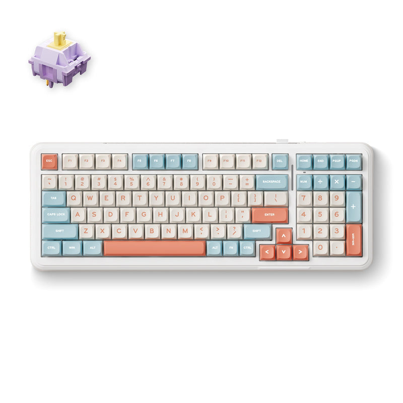 Chargez l'image dans la visionneuse de la galerie, Mchose k99 horizon orange hyacinth wireless gasket mount mechanical rgb toetsenbord (wit, us lay-out (qwerty), ktt hyacinth, rgb, hot swap, double-shot pbt, draadloos | bluetooth | usb-c)
