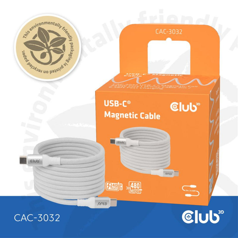 ギャラリービューアに画像をロードする, Club 3d usb-c magnetic-coil 240w pd3.1 white cable, 2 meter kabel (wit)
