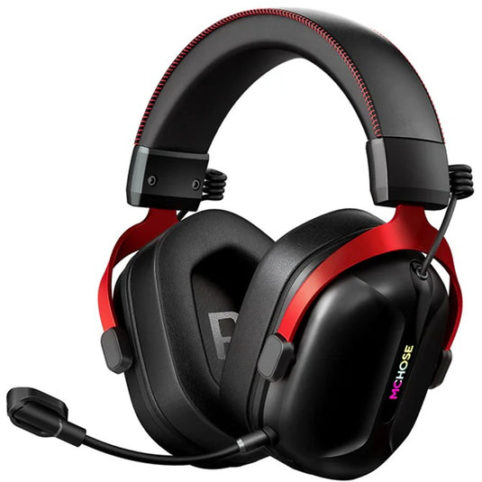 Mchose s9 wireless tri-mode over-ear gaming headset (zwart rood, pc laptop playstation switch smartphone, 2.4g bluetooth 3.5mm)