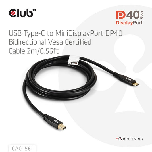 Club 3d usb-c naar minidisplayport dp40 bidirectioneel adapter (zwart, 2 meter, vesa-gecertificeerd)