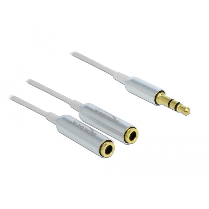 Load image into Gallery viewer, Delock cable audio splitter stereo jack male 3.5mm > 2x stereo jack female splitterkabel (wit zilver)

