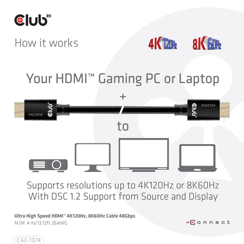 Load image into Gallery viewer, Club 3d ultra high speed hdmi 2.1 male-male kabel (zwart, 4 meter, 4k 120hz, 8k 60hz, 48gbps)
