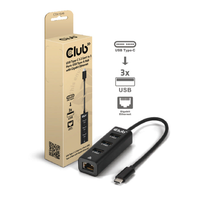 Afbeelding laden in galerijviewer, Club 3d usb-c 5 gbps naar 3 poorten usb type-a-hub met gigabit ethernet adapter (zwart)
