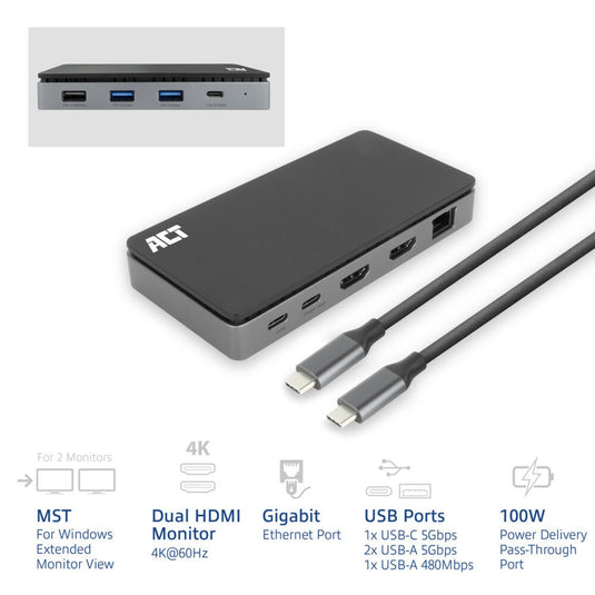Act connectivity usb-c 4k mst dockingstation (zwart grijs)