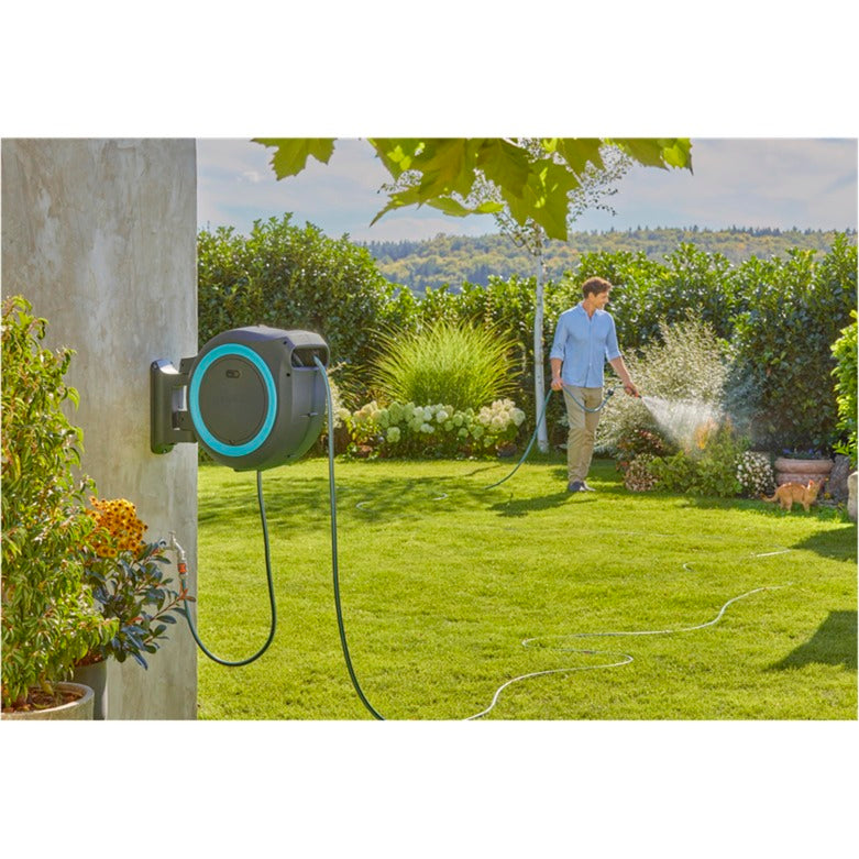Load image into Gallery viewer, Gardena 35 m wand-slangenbox powerroll xl slanghaspel (grijs turquoise, 35 meter, accu en oplader inbegrepen, power for all alliance)

