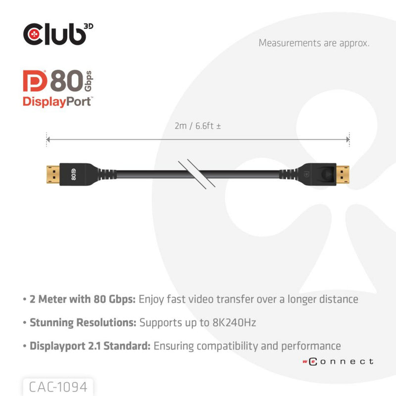 ギャラリービューアに画像をロードする, Club 3d gecertificeerde displayport 2.1 kabel (zwart, 2 meter, 10k)
