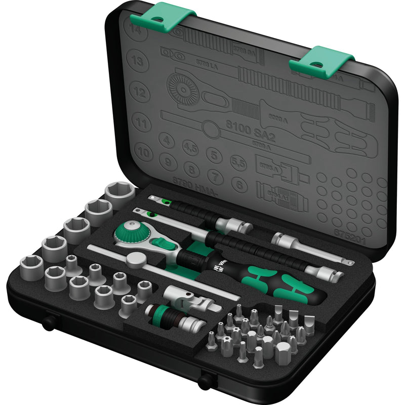 Load image into Gallery viewer, Wera 8100 sa 2 zyklop speed ratelset 1 4 gereedschapsset (zwart groen, 42-delig)
