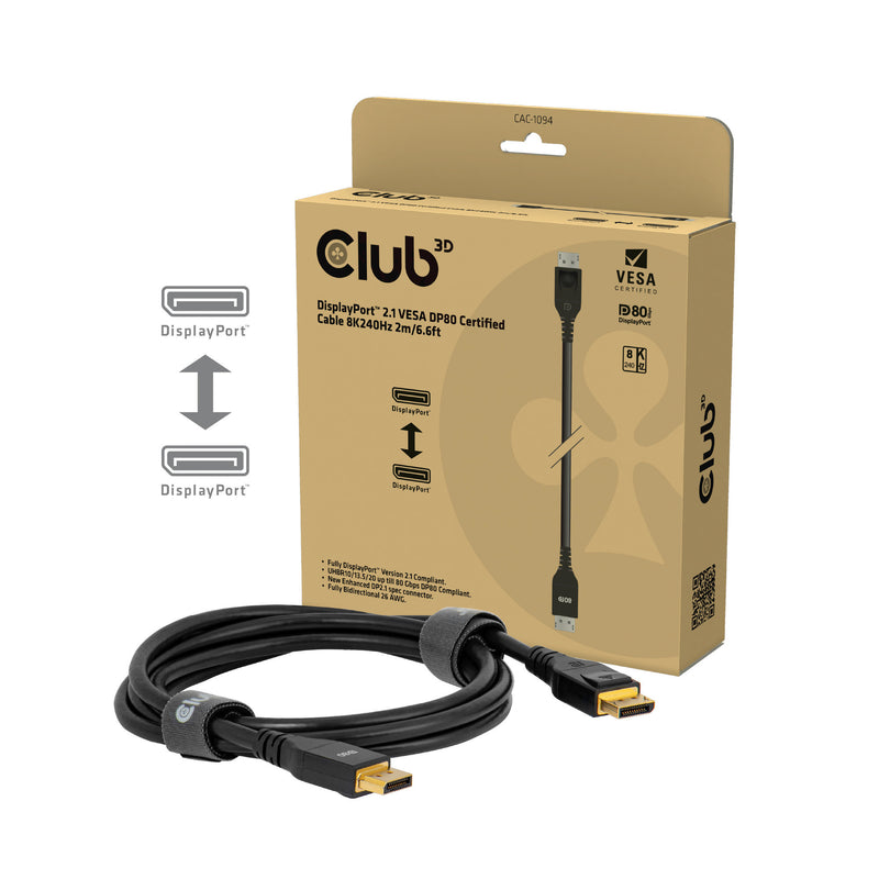 ギャラリービューアに画像をロードする, Club 3d gecertificeerde displayport 2.1 kabel (zwart, 2 meter, 10k)
