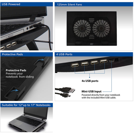 Act connectivity laptopstandaard, met ventilator, hoogte verstelbaar in 2 standen (zwart, 4-poorts usb 2.0 hub)
