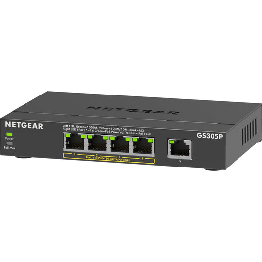 Netgear 5-port poe+ gigabit ethernet soho unmanaged switch (gs305p) (zwart)