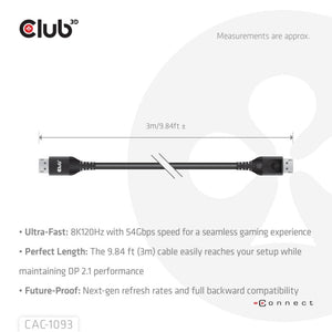 Club 3d gecertificeerde displayport 2.1 kabel (zwart, 3 meter, 8k)
