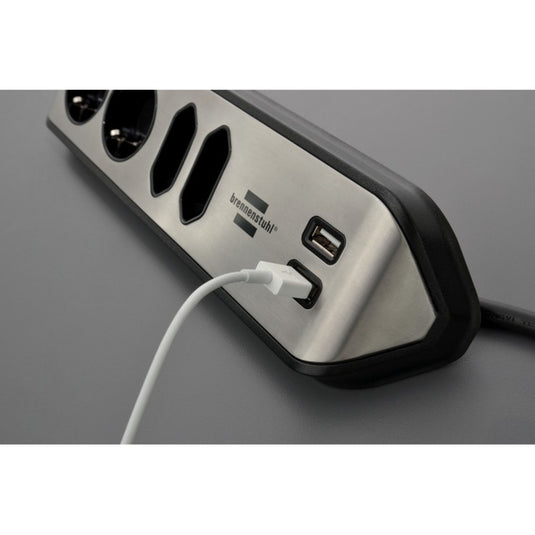 Brennenstuhl estilo hoekstekkerdoos 4-voudig stekkerdoos (zwart roestvrij staal, 2x usb)