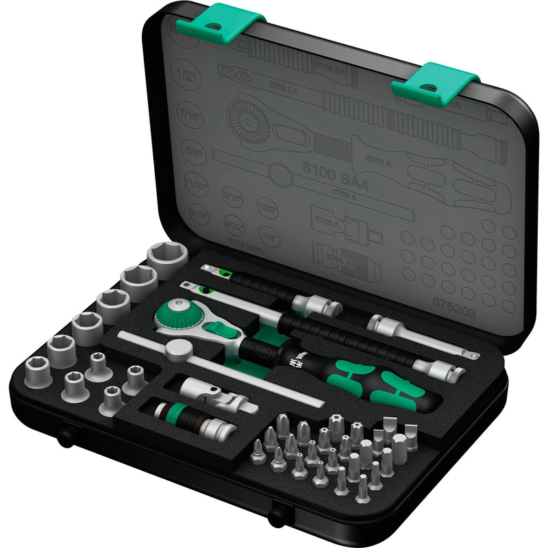 Load image into Gallery viewer, Wera 8100 sa 4 zyklop speed ratelset, 1 4 gereedschapsset (zwart groen, 41-delig, speedratel met draaibare kop)
