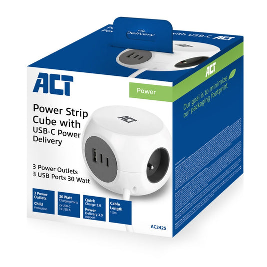 Act connectivity stekkerdoos kubus met 3 stopcontacten, 30w power delivery usb-c a poorten, kabellengte 1,5m stekkerdoos (wit, type e)