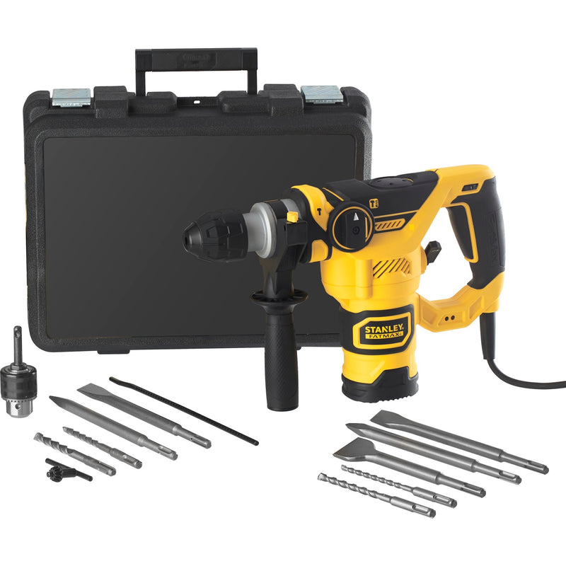 Load image into Gallery viewer, Stanley fatmax 1250w pneumatische boorhamer met 3-delige beitelset (geel zwart, sds+, met koffer)

