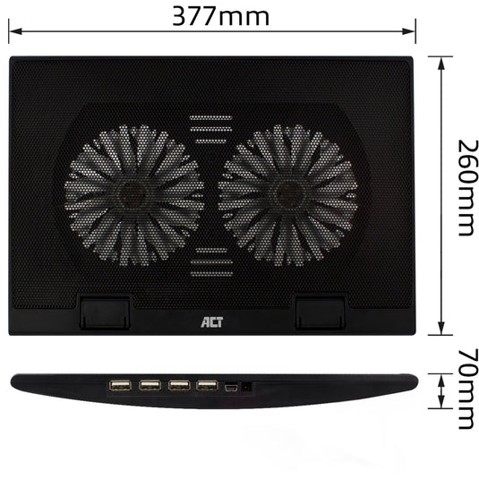 Act connectivity laptopstandaard, met ventilator, hoogte verstelbaar in 2 standen (zwart, 4-poorts usb 2.0 hub)