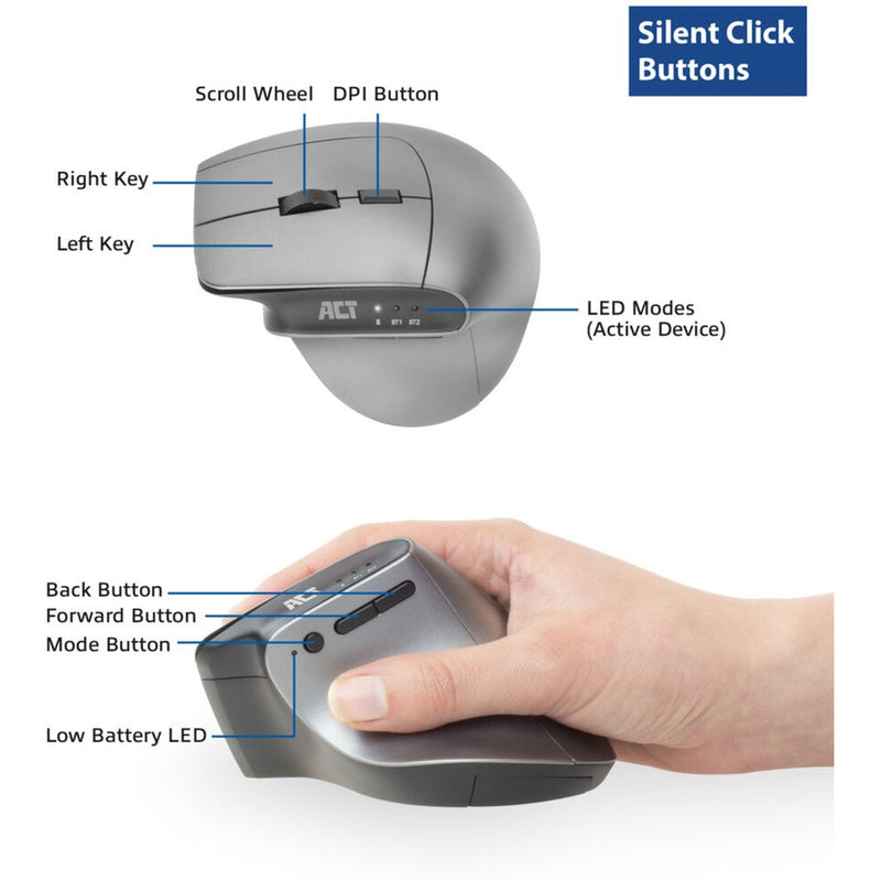 Afbeelding laden in galerijviewer, Act connectivity draadloze ergonomische muis met bluetooth en usb-c usb-a (zilver zwart, 1000 - 2400 dpi)
