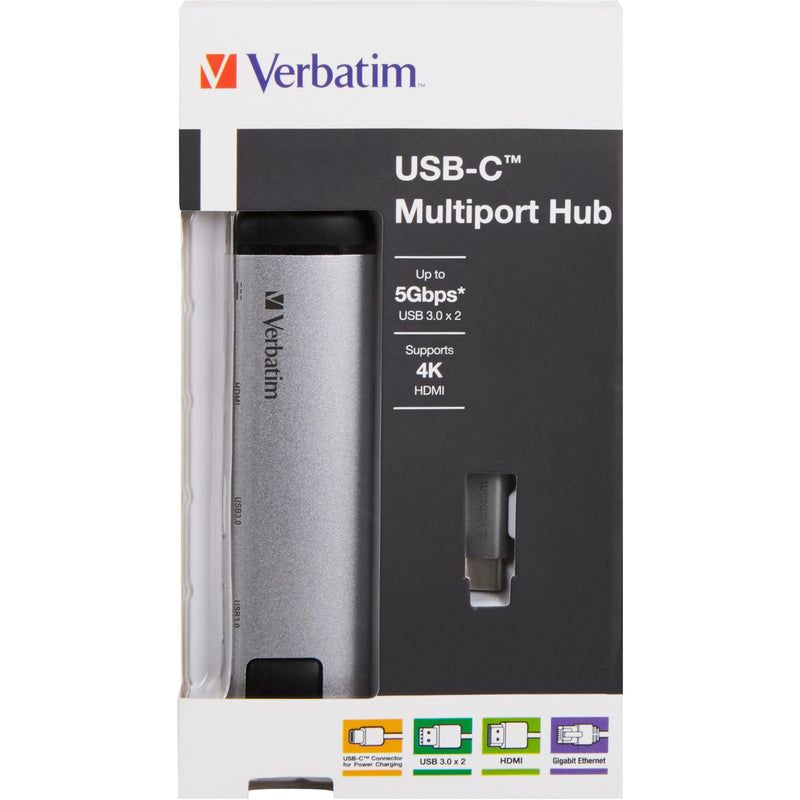 Load image into Gallery viewer, Verbatim usb 3.2 gen 1 multiport hub, usb-c > 2x usb-a + usb-c + hdmi + rj-45 usb-hub (zilver zwart, pd, opladen tot 100 watt)
