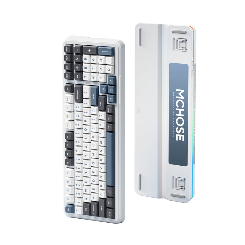 Chargez l'image dans la visionneuse de la galerie, Mchose k99 navy blue hyacinth wireless gasket mount mechanical rgb toetsenbord (wit, us lay-out (qwerty), ktt hyacinth, rgb, hot swap, double-shot pbt, draadloos | bluetooth | usb-c)
