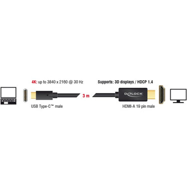 Delock usb-c (male) > hdmi (male) (dp alt mode) kabel (zwart, 3 meter, 4k 30 hz)