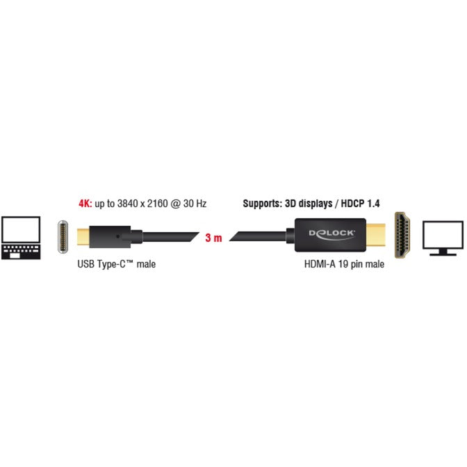 Load image into Gallery viewer, Delock usb-c (male) > hdmi (male) (dp alt mode) kabel (zwart, 3 meter, 4k 30 hz)
