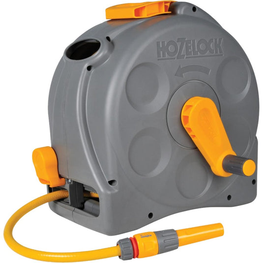 Hozelock 2415 compact enclosed reel 2 in 1 slanghaspel (grijs geel, 25 meter)