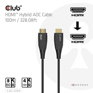 Club 3d hdmi hybrid aoc cable 8k60hz 4k120hz, 100 m kabel (zwart)