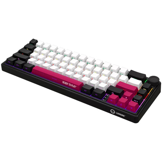 Lorgar kbp70mw rgb mechanisch gaming toetsenbord (zwart, us lay-out (qwerty), logar toxic purple, 65%, rgb, hot-swappable, pbt double-shot, bluetooth | 2.4ghz | usb)