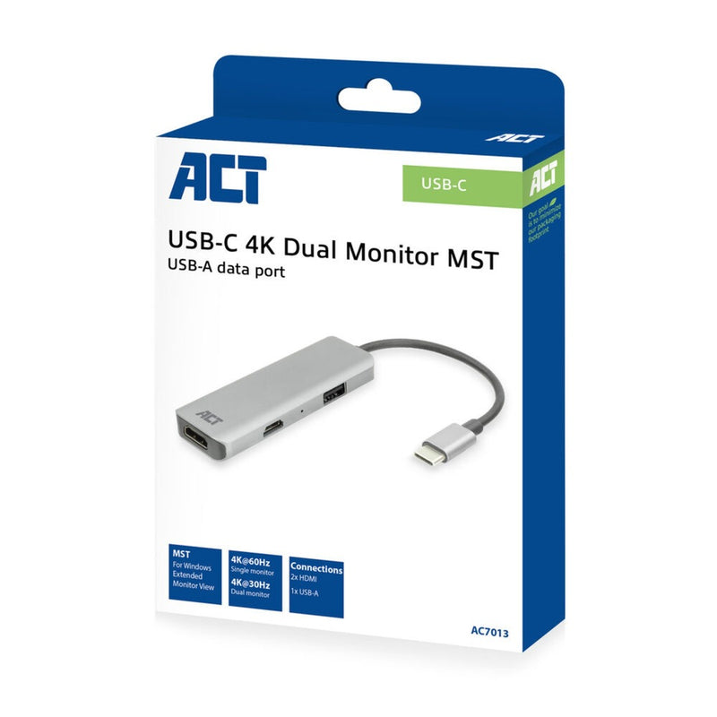 Load image into Gallery viewer, Act connectivity usb-c 4k multiport adapter voor 2 hdmi schermen, usb-a datapoort (aluminium)
