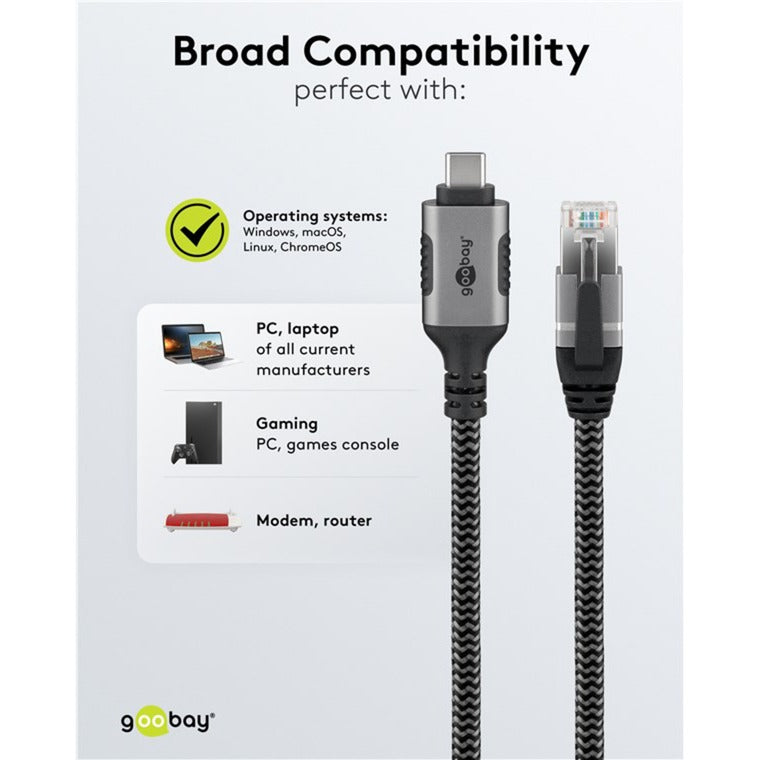 Load image into Gallery viewer, Goobay netwerkadapter usb-c 3.2 gen1 naar rj-45 (zwart zilver, 2 meter)

