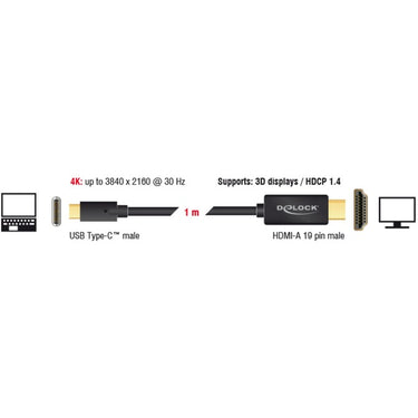Delock usb-c (male) > hdmi (male) (dp alt mode) kabel (zwart, 1 meter, 4k 30 hz)