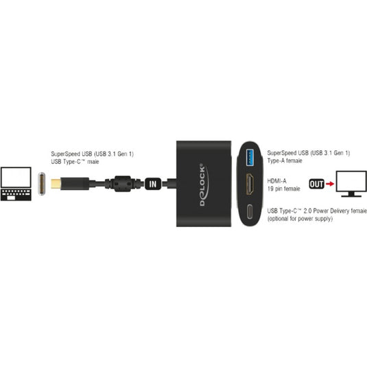 Delock usb-c male > hdmi female + usb-a + usb-c pd adapter (zwart, 0,2 meter, 4k 30hz)
