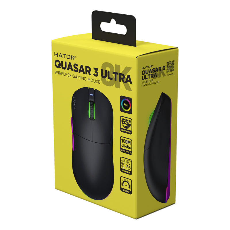 Chargez l'image dans la visionneuse de la galerie, Hator quasar 3 ultra 8k wireless gaming muis (zwart, 400 - 30.000 dpi, rgb, 2.4ghz bluetooth 5.1 usb)
