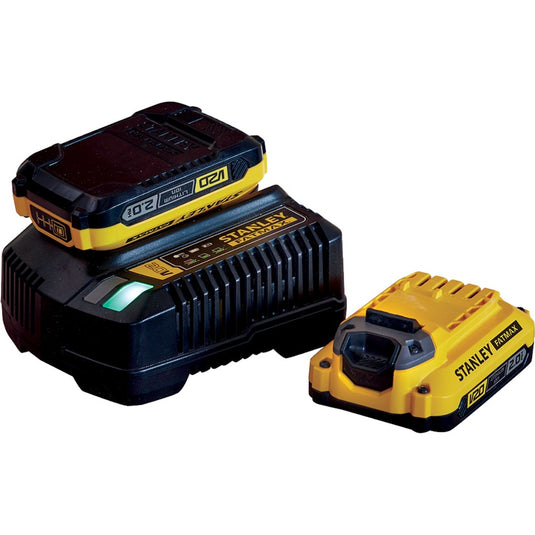 Stanley fatmax v20 18v startkit oplader (geel zwart, oplader (2a) en 2 accu's (2.0ah) inbegrepen)
