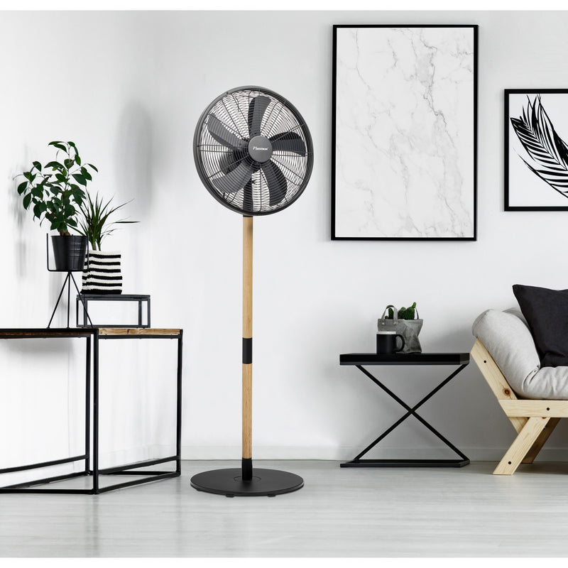Load image into Gallery viewer, Bestron dfs45wb design statiefventilator (zwart houtkleur, ø 45 cm | stijlvol hout desgin)
