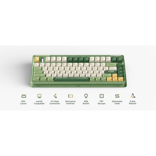 Iqunix og80 camping wireless mechanical keyboard, gaming toetsenbord (groen oranje, us lay-out, cherry mx red, rgb leds, 80% (tkl), hot-swappable, pbt, 2.4ghz | bluetooth 5.1 | usb-c)