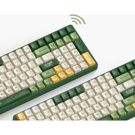 Iqunix f97 camping wireless mechanical keyboard, gaming toetsenbord (groen oranje, us lay-out, cherry mx brown, rgb leds, 96%, hot-swappable, pbt, 2.4ghz | bluetooth 5.1 | usb-c)