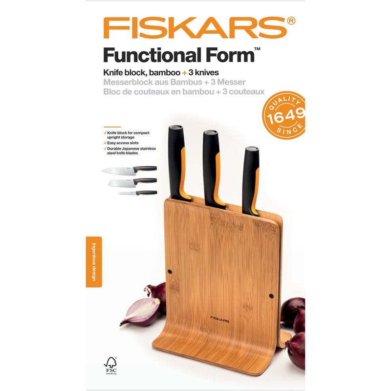 Load image into Gallery viewer, Fiskars functional form bamboe messenblok met 3 messen (meerkleurig, japans roestvrij staal | handvat met softgrip)

