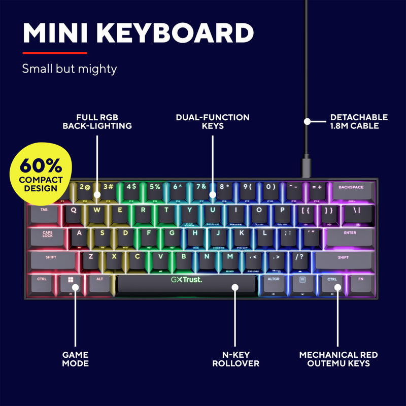 Load image into Gallery viewer, Trust gxt 867 acira 60% mini mechanisch gaming-toetsenbord, gaming toetsenbord (zwart, us lay-out, outemu red, 60%, rgb)
