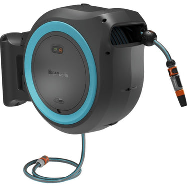 Gardena 35 m wand-slangenbox powerroll xl slanghaspel (grijs turquoise, 35 meter, accu en oplader niet inbegrepen, power for all alliance)
