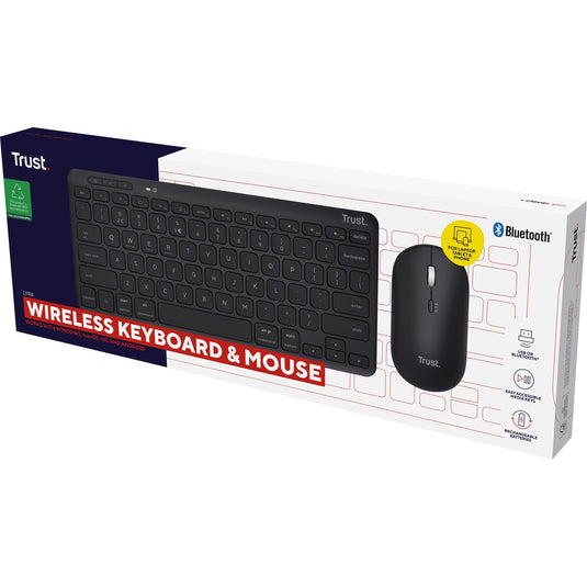 Trust lyra multi-device wireless keyboard mouse, desktopset (zwart, us lay-out, scissor switches, 800 - 1.600 dpi, 2,4 ghz usb, bluetooth, 65%)