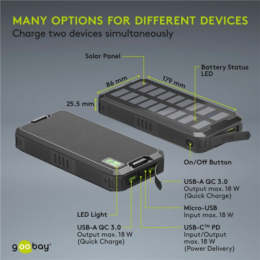 Goobay outdoor solar power bank 20,000 mah with power delivery powerbank (zwart)