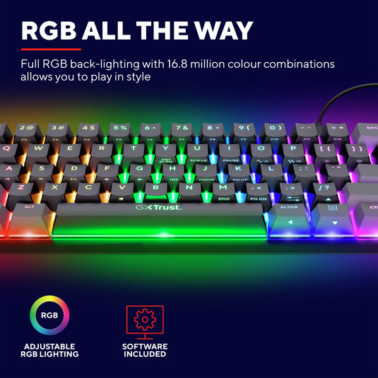 Trust gxt 867 acira 60% mini mechanisch gaming-toetsenbord, gaming toetsenbord (zwart, us lay-out, outemu red, 60%, rgb)