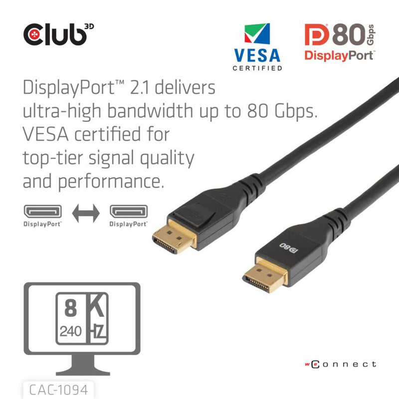 ギャラリービューアに画像をロードする, Club 3d gecertificeerde displayport 2.1 kabel (zwart, 2 meter, 10k)
