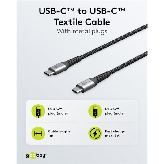 Goobay usb-c snellader nano (65 w) en usb-c textielkabel (zwart, 2x usb-c, 1x usb-a, 1 meter)