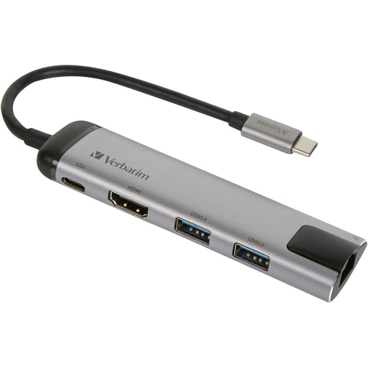 Verbatim usb 3.2 gen 1 multiport hub, usb-c > 2x usb-a + usb-c + hdmi + rj-45 usb-hub (zilver zwart, pd, opladen tot 100 watt)