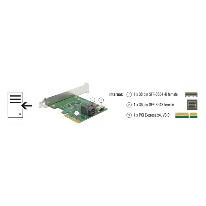 Load image into Gallery viewer, Delock pci express x4 card u.2 nvme naar 1 x internal sff-8654 4i + 1 x internal sff-8643 – low profile form factor adapter (zilver)
