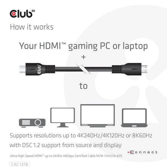 Club 3d ultra high speed hdmi certified kabel (zwart, 7,5 meter, 4k120 hz, 8k60 hz)