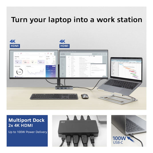 Act connectivity usb-c 4k mst dockingstation (zwart grijs)